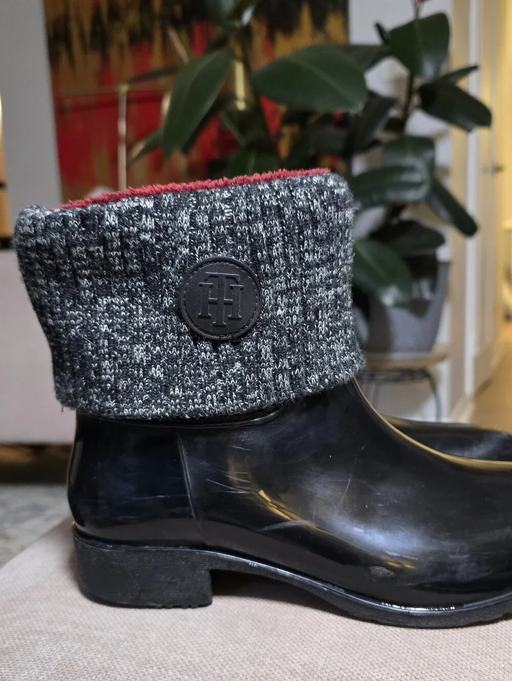 Tommy Hilfiger Frezia TWFREZIA Black Rain Boots Knit Cuff Fleece Lined Womens 9M - Picture 3 of 8